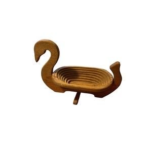 Vintage Collapsible Spiral Cut Wooden Basket or Trivet in the Shape of a Goose